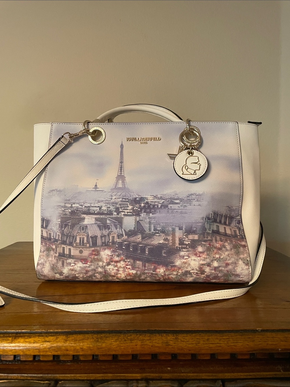 Karl Lagerfeld White Paris Print Satchel with Gold Hardware
